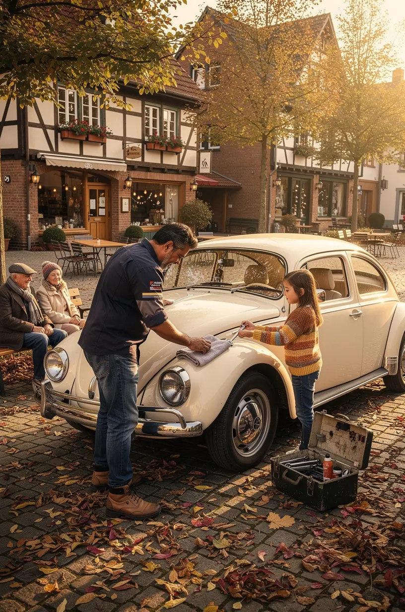 Techniker überprüft sorgfältig Bremsanlage eines Autos bei mobilem Wartungseinsatz.